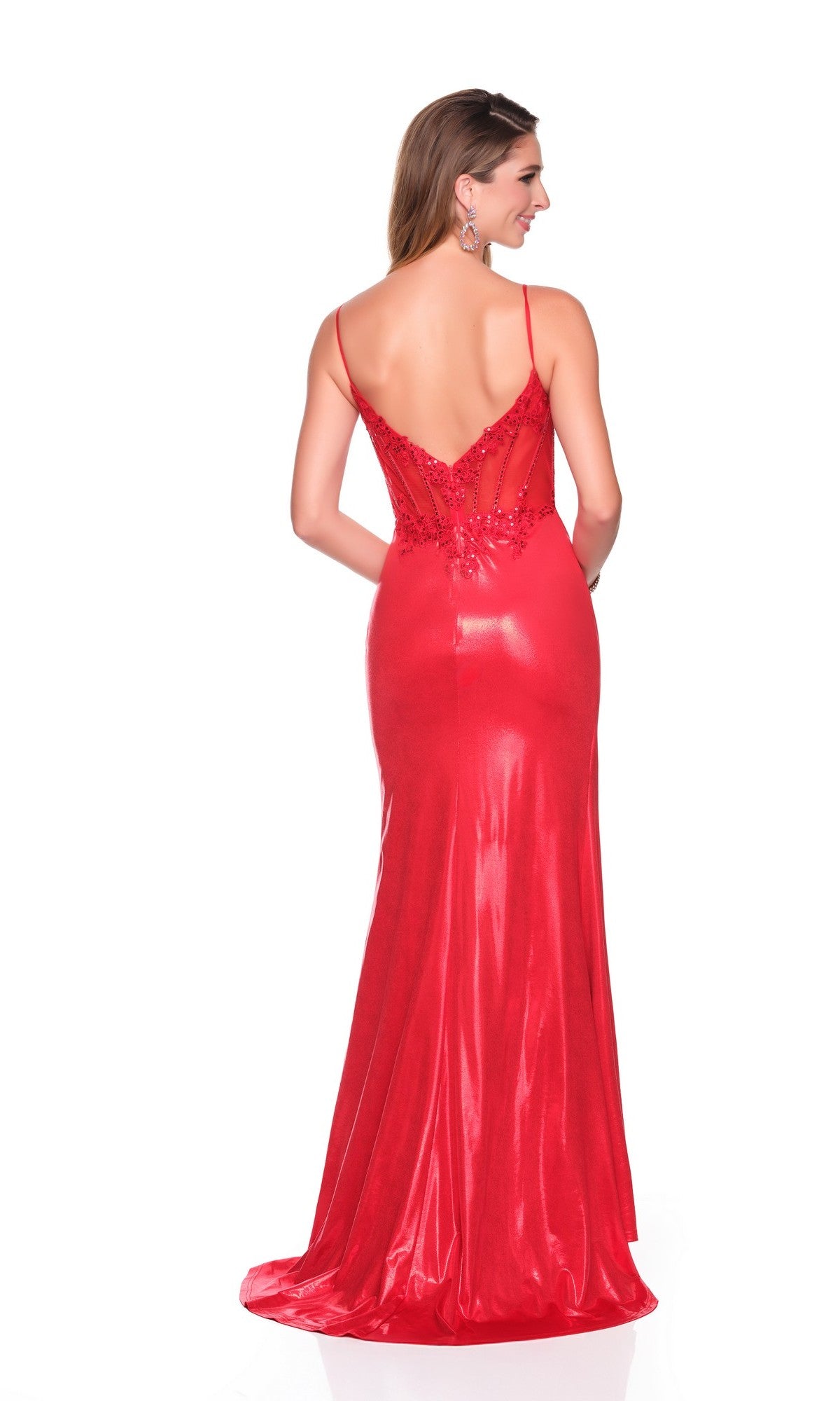 Woman wearing the Dave and Johnny 12740 long prom dress with a red jersey sheath skirt, embellished corset bodice, thin straps, and a low sheer back, standing facing away from the camera.